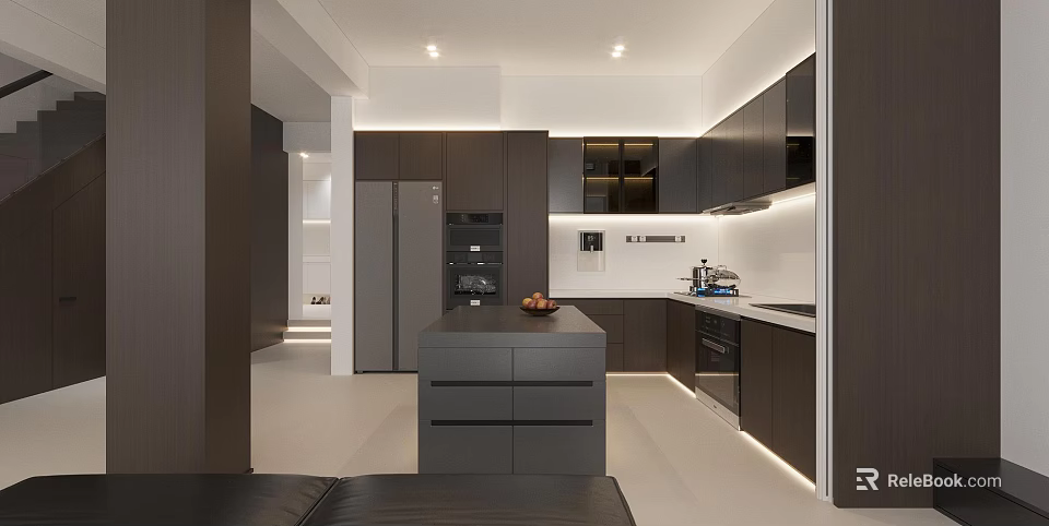 Sleek Modern Dark Toned Kitchen Interior With Central Island And Full Built In Appliances 3d model 