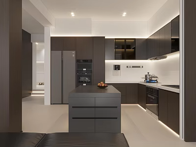 Sleek Modern Dark Toned Kitchen Interior With Central Island And Full Built In Appliances 3d model