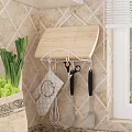 Functional Kitchen Utensils with Wall Mounted Rack and Wooden Cutting Board on Tile Wall