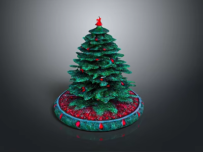 Green Christmas Tree With Red Star On Top And Decorative Red Ornaments Base 3d model