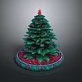 Green Christmas Tree With Red Star On Top And Decorative Red Ornaments Base