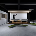 Modern Spacious Interior Design With Black White Ceiling Beams Reflective Flooring And Plants