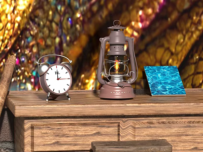 Vintage Daily Necessities on Wooden Table Featuring Alarm Clock Kerosene Lamp and Blue Notebook 3d model