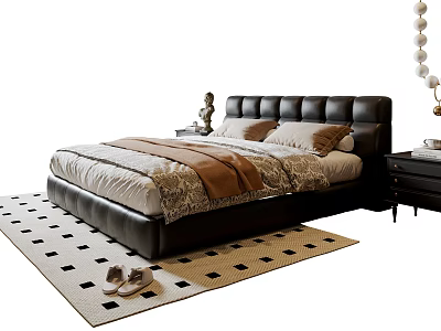 Modern Leather Double Bed With Pillows Brown Blanket Nightstands Lamp And Checkered Rug 3d model