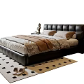 Modern Leather Double Bed With Pillows Brown Blanket Nightstands Lamp And Checkered Rug