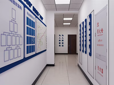 Service Hall Corridor With Wall Charts Signs Ceiling Lights And White Walls 3d model
