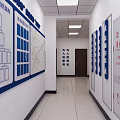 Service Hall Corridor With Wall Charts Signs Ceiling Lights And White Walls 3d model