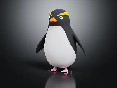 Cute 3D Penguin Character With Yellow Eyebrows Orange Beak And Pink Feet 3d model