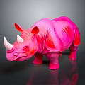 Pink Rhinoceros Sculpture with Red Accents Standing on Dark Background and Reflection