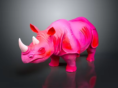 Pink Rhinoceros Sculpture with Red Accents Standing on Dark Background and Reflection 3d model