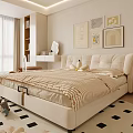 Bedroom Interior Design With Soft Beige Bed Wall Art Bookshelves Study Desk And Geometric Rug