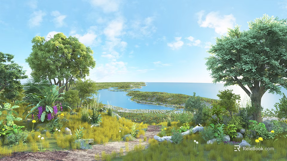 Scenic Landscape With Blue Sky Lake Island Trees Flowers And Path 3d model 