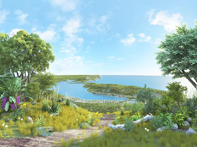 Scenic Landscape With Blue Sky Lake Island Trees Flowers And Path 3d model