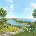 Scenic Landscape With Blue Sky Lake Island Trees Flowers And Path