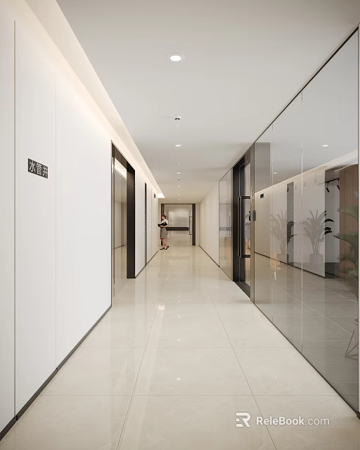 Modern Office Corridor With Glass Partitions White Walls And Sleek Tiles 3d model 
