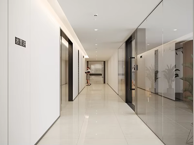 Modern Office Corridor With Glass Partitions White Walls And Sleek Tiles 3d model