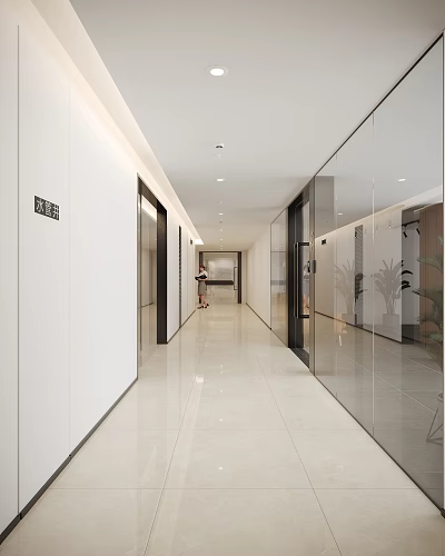Modern Office Corridor With Glass Partitions White Walls And Sleek Tiles 3d model