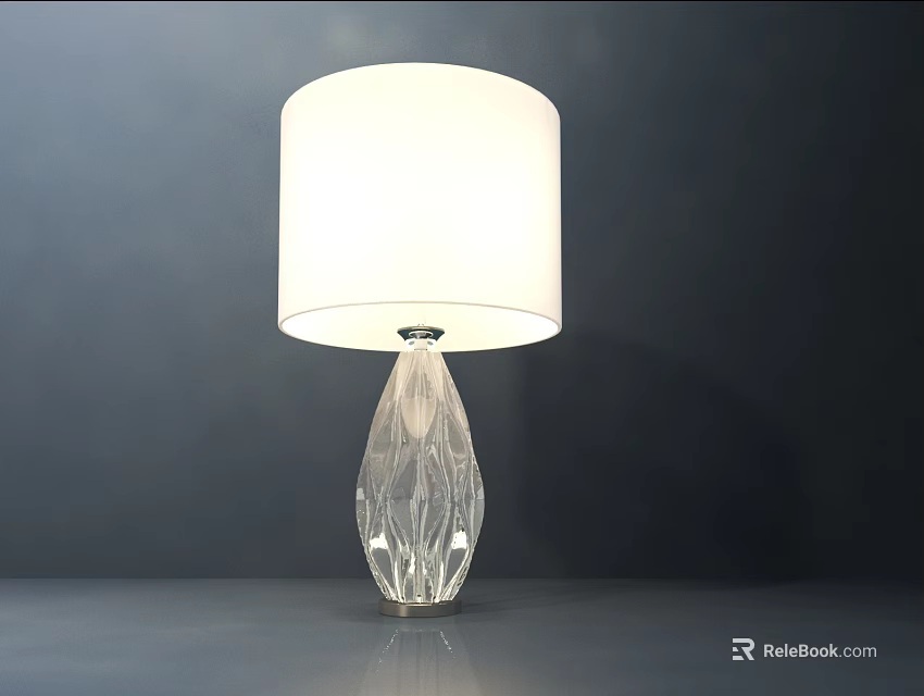 Modern Table Lamp With White Fabric Shade And Transparent Textured Crystal Base 3d model 