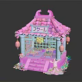 Cute Japanese Style Pink Pavilion with Red Lanterns Family Sign and Green Plants