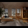 Natural Wicker Sofa And Coffee Table Set With Cozy Chair Wooden Bookshelf And Large Plant