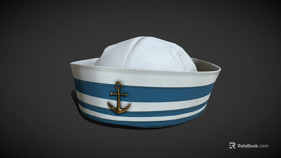 Classic Nautical Sailor Hat with Blue and White Stripes and Gold Anchor 3d model 