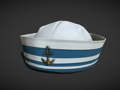 Classic Nautical Sailor Hat with Blue and White Stripes and Gold Anchor 3d model