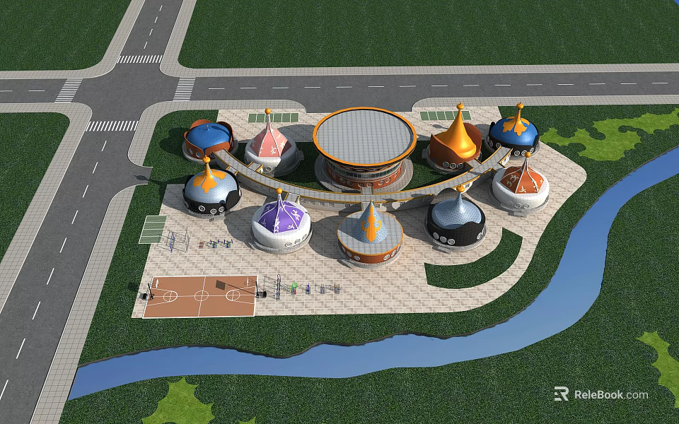 Colorful Dome Buildings Complex With Central Circular Building Surrounding Green Space River And Basketball Court 3d model 