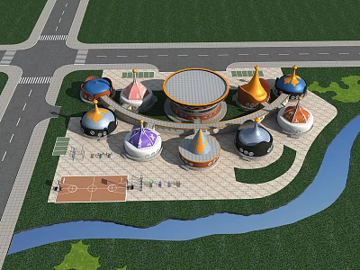 Colorful Dome Buildings Complex With Central Circular Building Surrounding Green Space River And Basketball Court 3d model