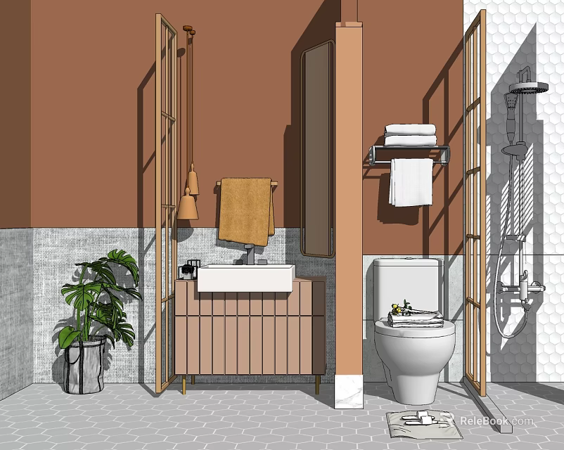 Modern Bathroom Interior With Wooden Vanity Mirror Towel And Potted Plant 3d model 