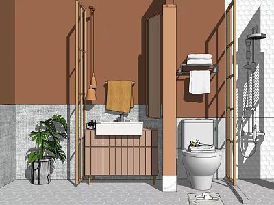 Modern Bathroom Interior With Wooden Vanity Mirror Towel And Potted Plant 3d model