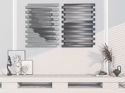 Modern Decor With Gray Striped Wall Panels White Shelf Photo Frames And Dried Plants 3d model