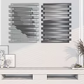Modern Decor With Gray Striped Wall Panels White Shelf Photo Frames And Dried Plants