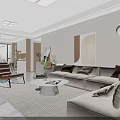 Modern Living and Dining Room With Beige Sofa Round Coffee Table Rug and Floor-to-Ceiling Windows