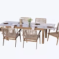 Garden Landscape Outdoor Dining Area With Wooden Table Rattan Chairs Tableware And Vase