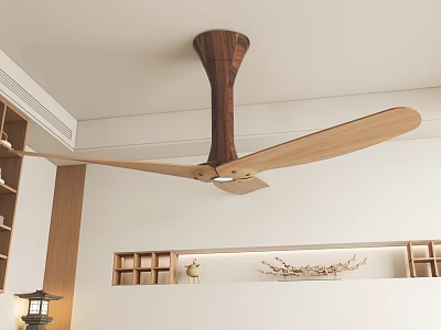 Wooden Ceiling Fan With Natural Blades In Modern Interior Living Space Decor 3d model