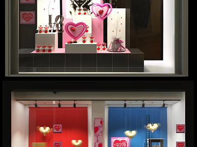 Colorful Store Window Display With Heart Decorations Love Signs And 50% Off Sale 3d model
