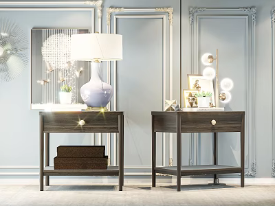 Elegant Dark Wood Bedside Tables With Drawers Lower Shelf Table Lamp And Decorative Items 3d model
