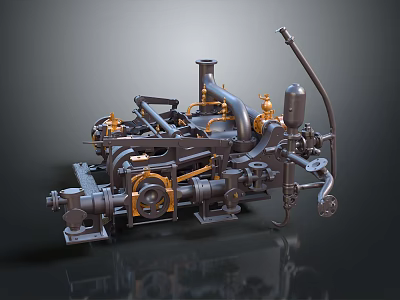 Detailed Mechanical Engine 3D Model With Metal Components Pipes And Gears 3d model