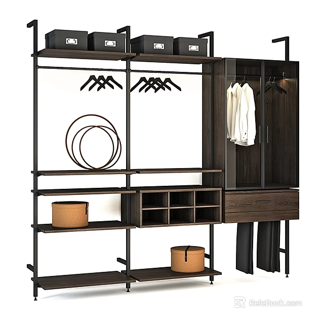 Modern Closet Storage System With Black Metal Shelves Storage Boxes Hangers And Wooden Cabinet 3d model 