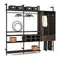 Modern Closet Storage System With Black Metal Shelves Storage Boxes Hangers And Wooden Cabinet
