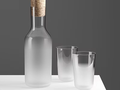 Frosted Glass Bottle With Cork Stopper And Two Glasses On White Tabletop Against Gray Background 3d model