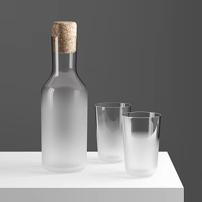 Frosted Glass Bottle With Cork Stopper And Two Glasses On White Tabletop Against Gray Background 3d model