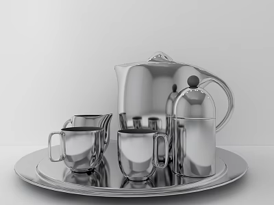 Silver Stainless Steel Tea Set With Teapot Cups And Serving Tray 3d model