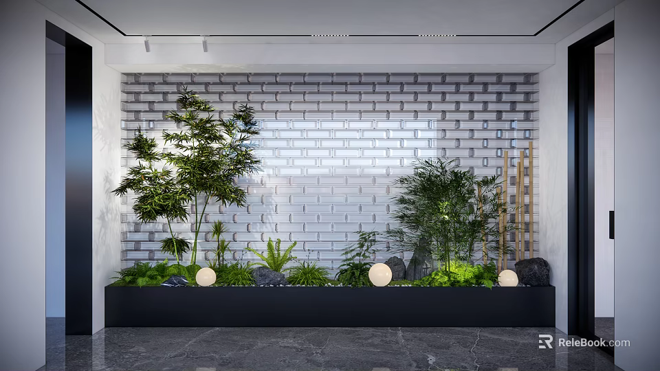 Indoor Landscape With White Brick Wall Green Plants Round Lamps Black Planter And Gray Marble 3d model 