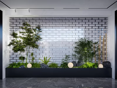 Indoor Landscape With White Brick Wall Green Plants Round Lamps Black Planter And Gray Marble 3d model