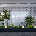 Indoor Landscape With White Brick Wall Green Plants Round Lamps Black Planter And Gray Marble