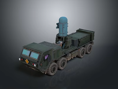 Green Military Truck With Multiple Wheels And Blue Radar Antenna On Heavy Duty Body 3d model