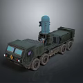 Green Military Truck With Multiple Wheels And Blue Radar Antenna On Heavy Duty Body