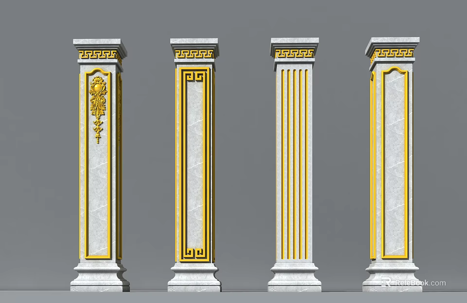 Elegant Classical Architectural Columns With Golden Decorations And Marble Carved Patterns 3d model 