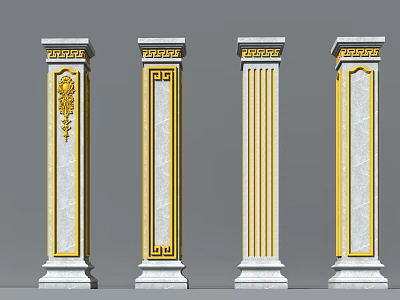Elegant Classical Architectural Columns With Golden Decorations And Marble Carved Patterns 3d model
